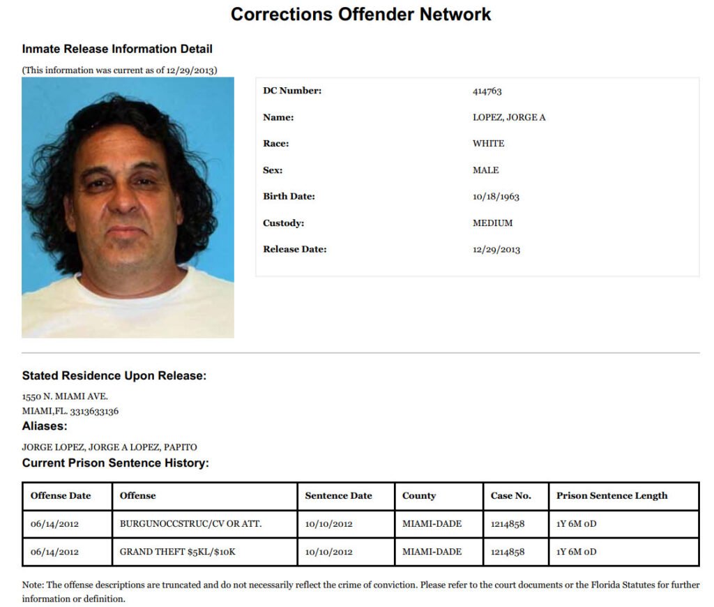 FL Offender List for Jorge Lopez