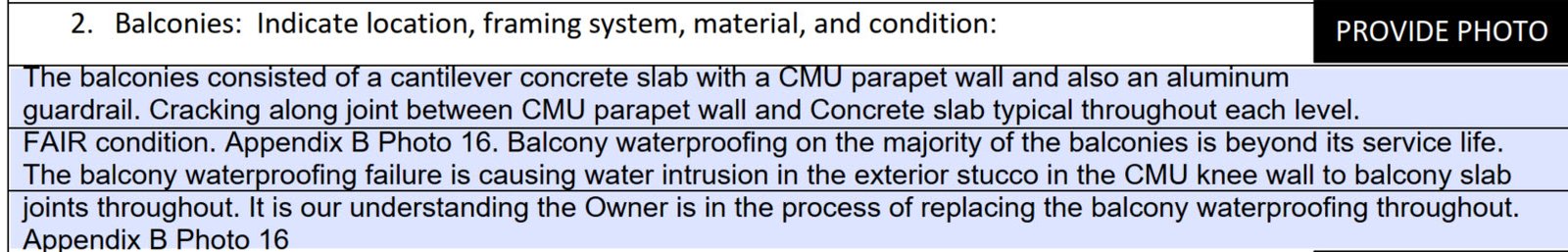 Engineer's Certification Report to City: Balconies