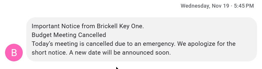 From Text Message announcing Meeting Cancellation