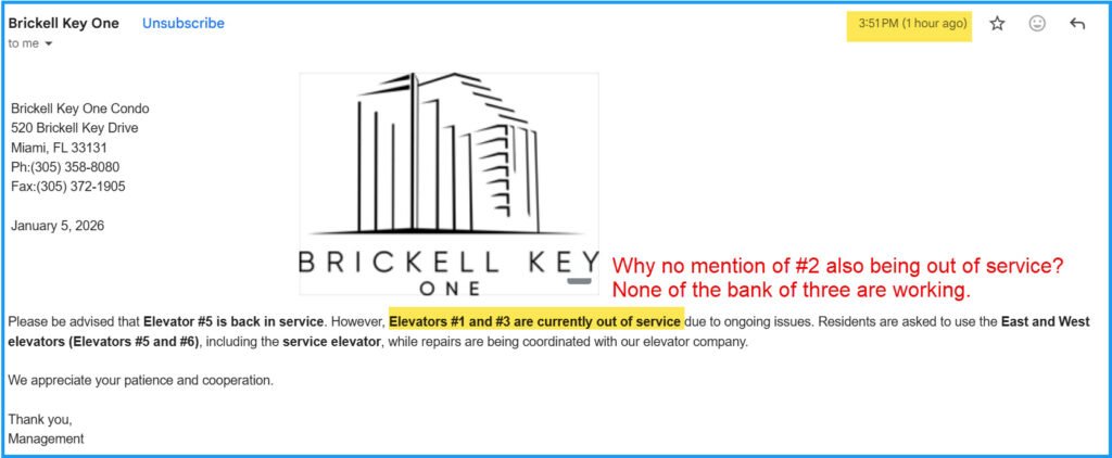 Email announcing only 2 of 3 elevators not working, while all 3 were out of service