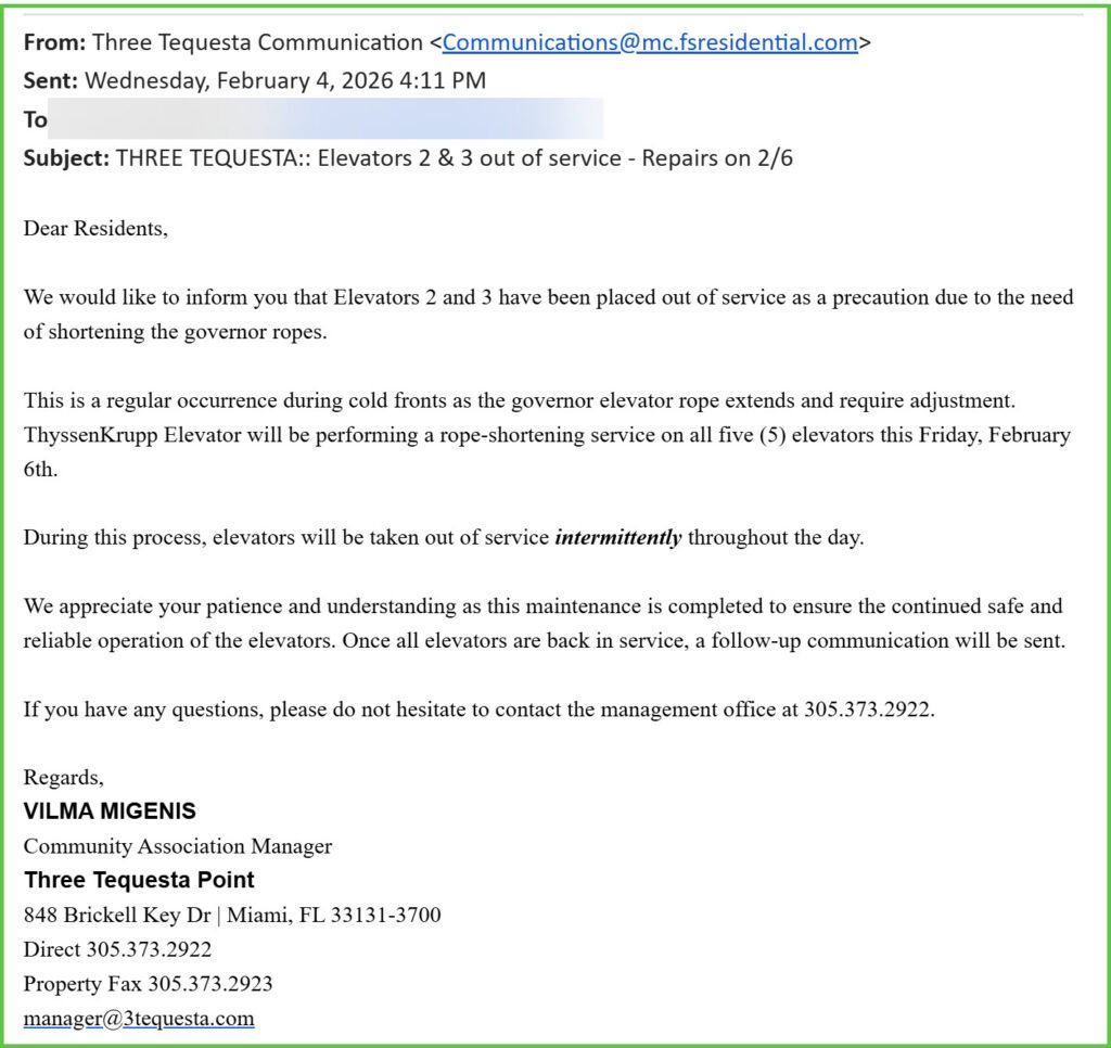 Tequesta 3 Elevator Out Of Service