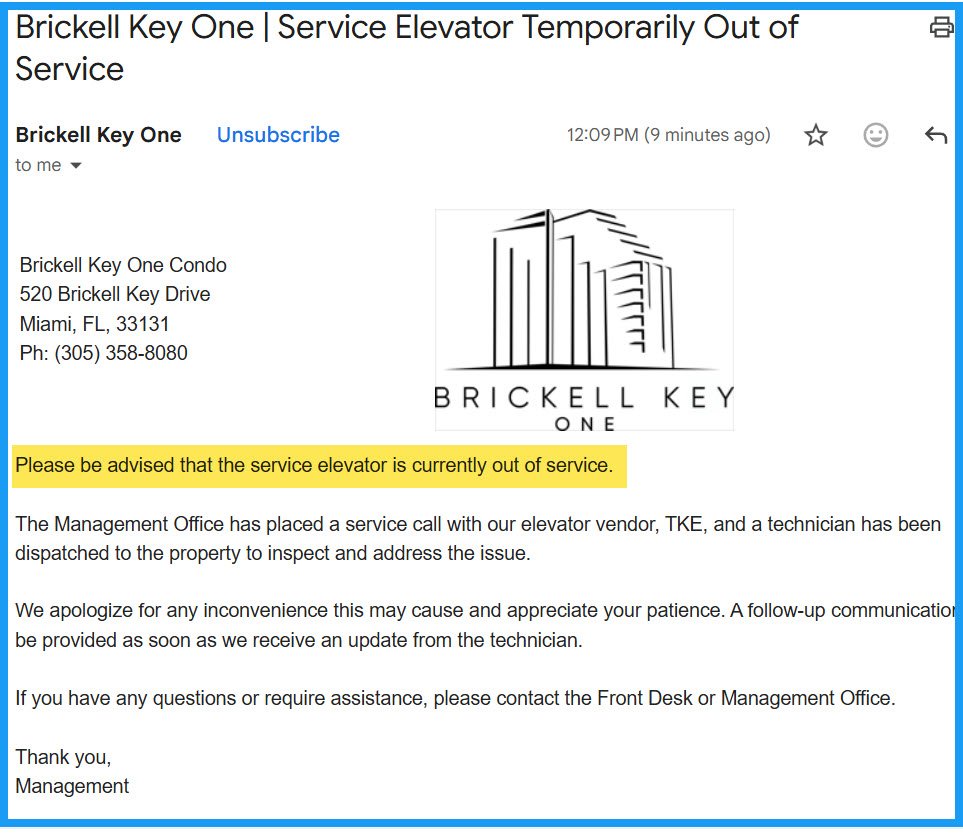 Note sent out advising third elevator out of service