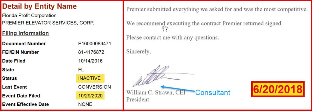 Left: DBPR showing the company is no more, Right: Summary from elevator consultant